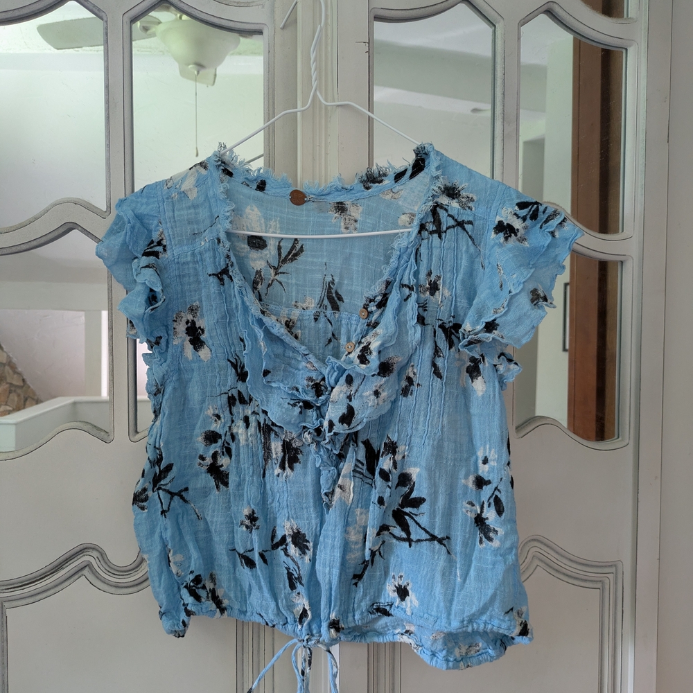 Free People Floral Blue Ruffle Top